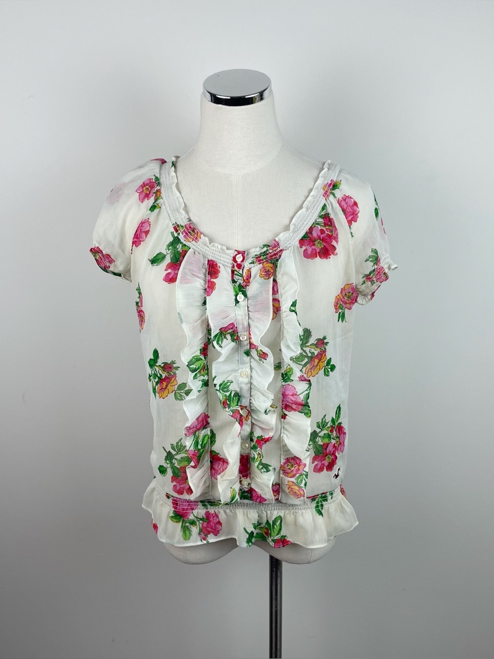 Hollister White Green Pink Floral Sheer Blouse Top Ruffle Women Medium